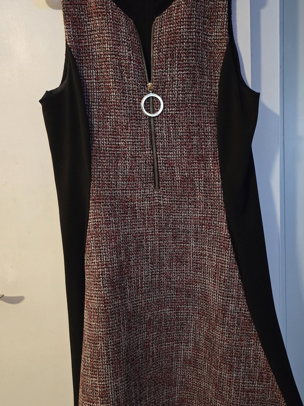 DKNY Black Panel Tweed-Texture Shift Dress with Front and Back Zip